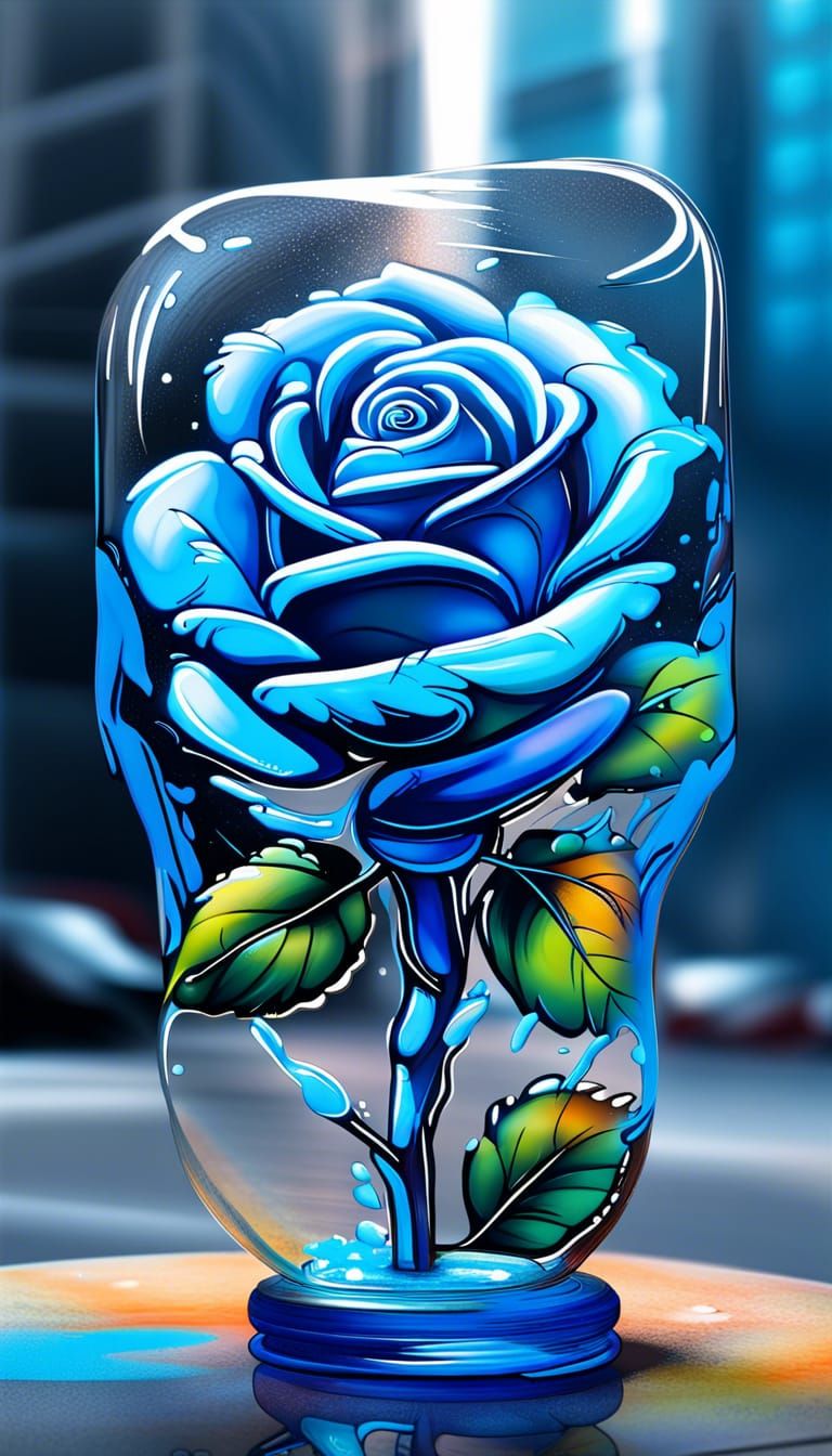 Luminous Blue Rose Graffiti Art in Glass