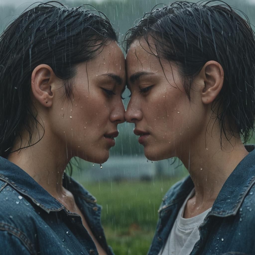Lesbian Couple Kissing in Rainy Field: Cinematic Film Still