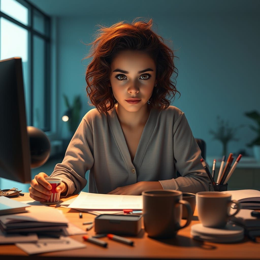 Young Woman Gazing Listlessly at Computer in Modern Home