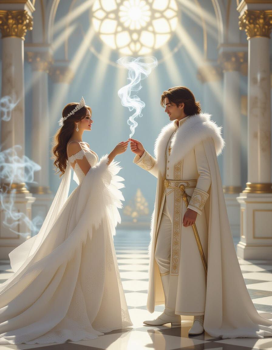 Princess and Prince in Feathered Attire, Alphonse Mucha Styl...