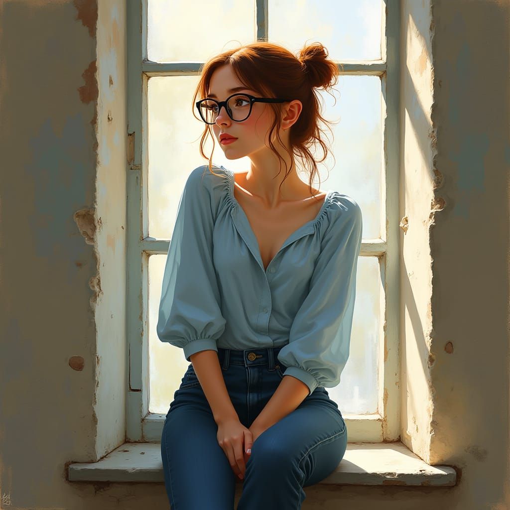 Pensive Girl on Ledge: Impressionistic Portrait