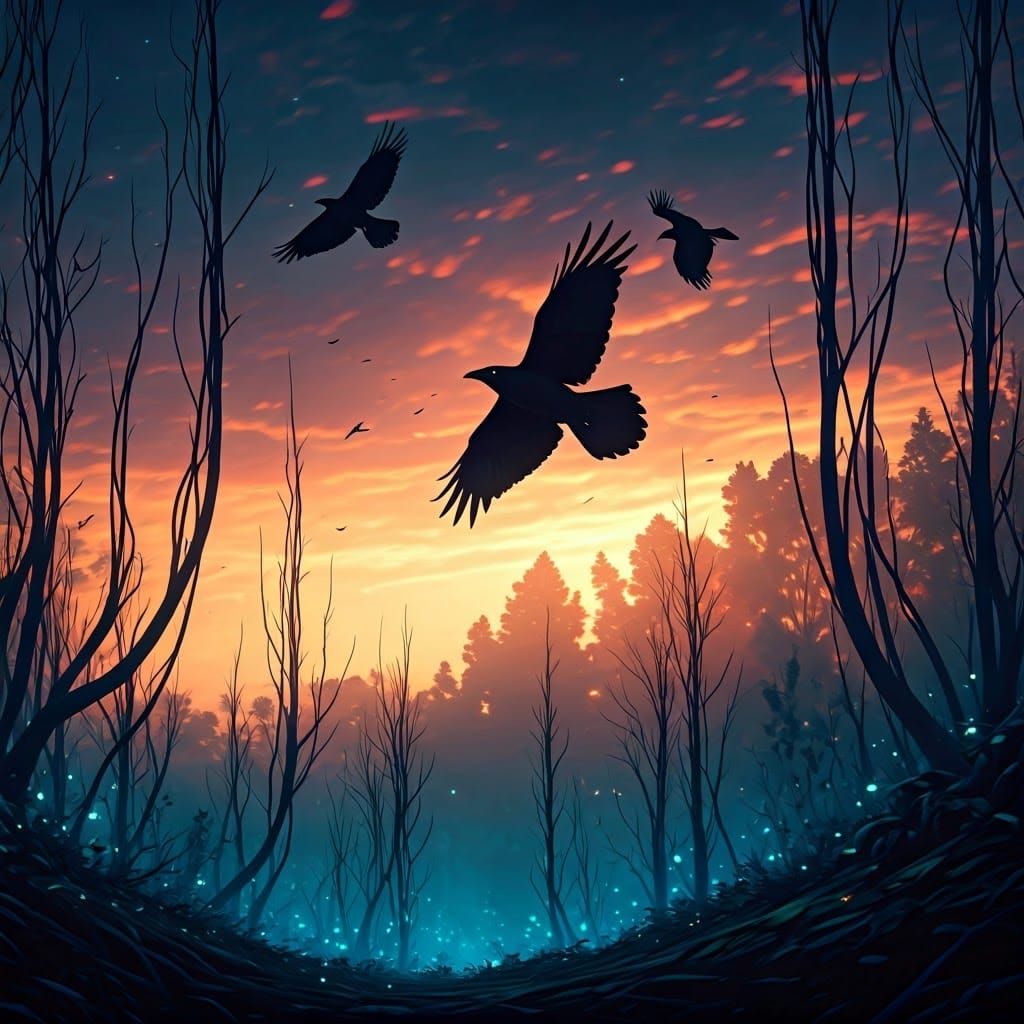 Majestic Crows Take Flight in Dreamlike Landscape