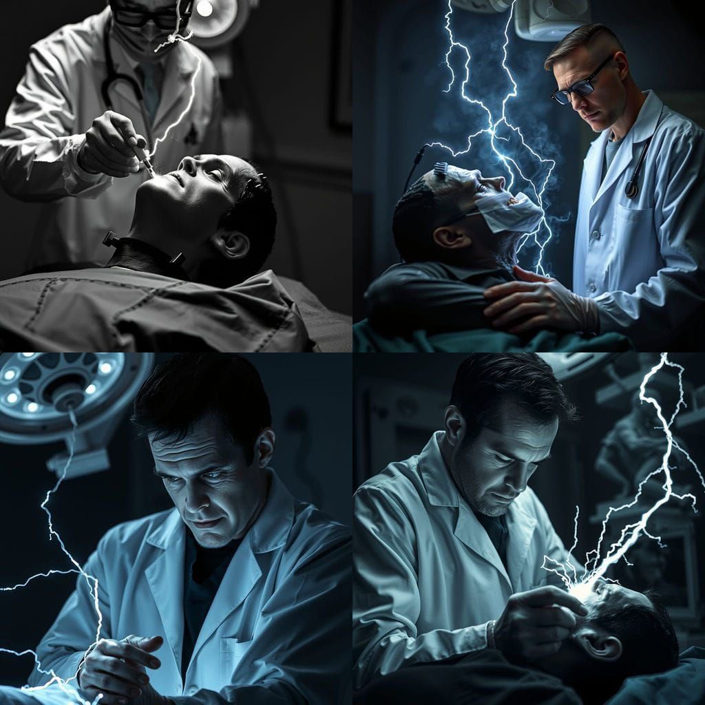 Frankenstein's Monster Zapped by Doctor: Black and White Por...