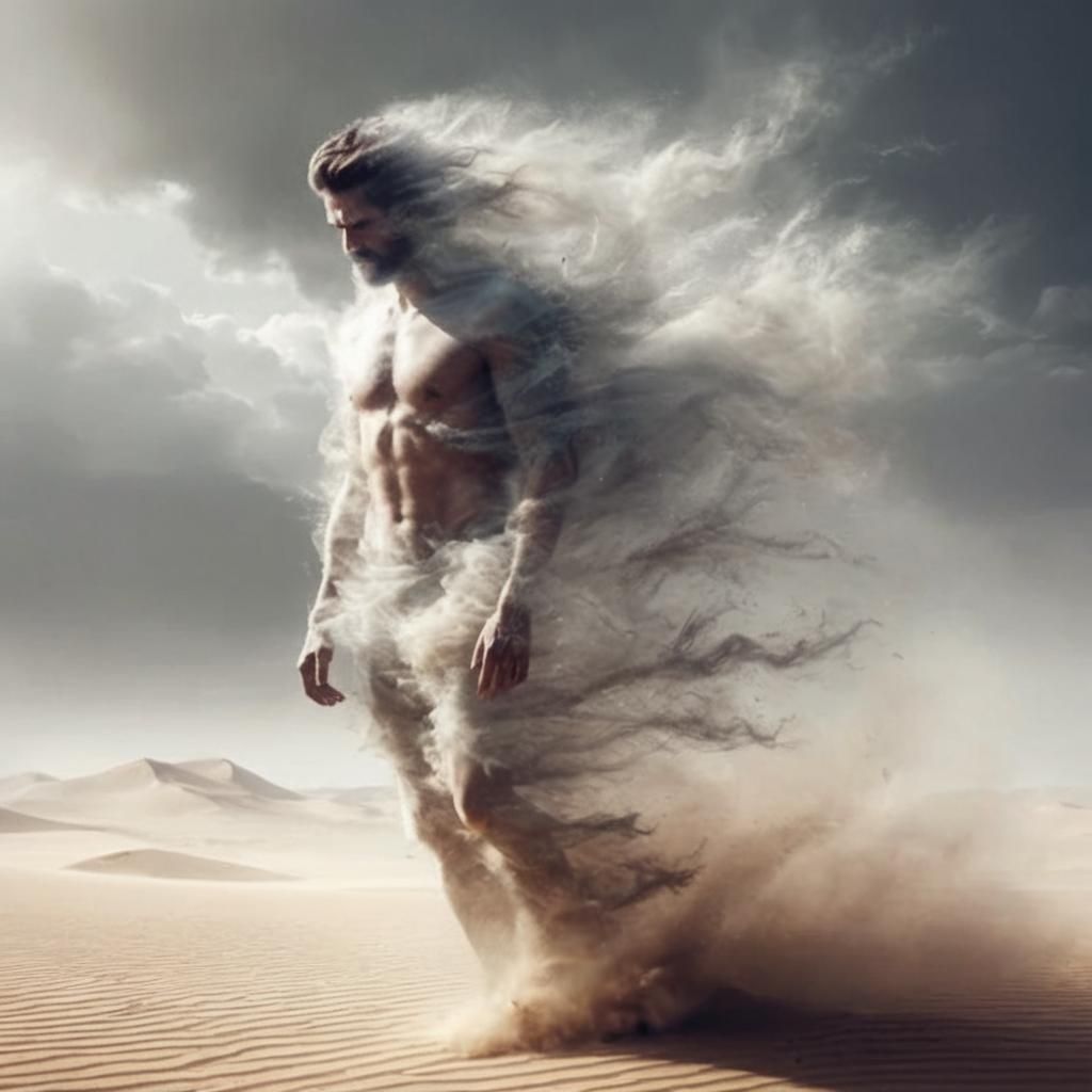Man Walks Against Wind in Desert Landscape
