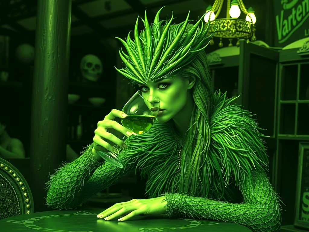 Green Fantasy Creature Drinks Wine
