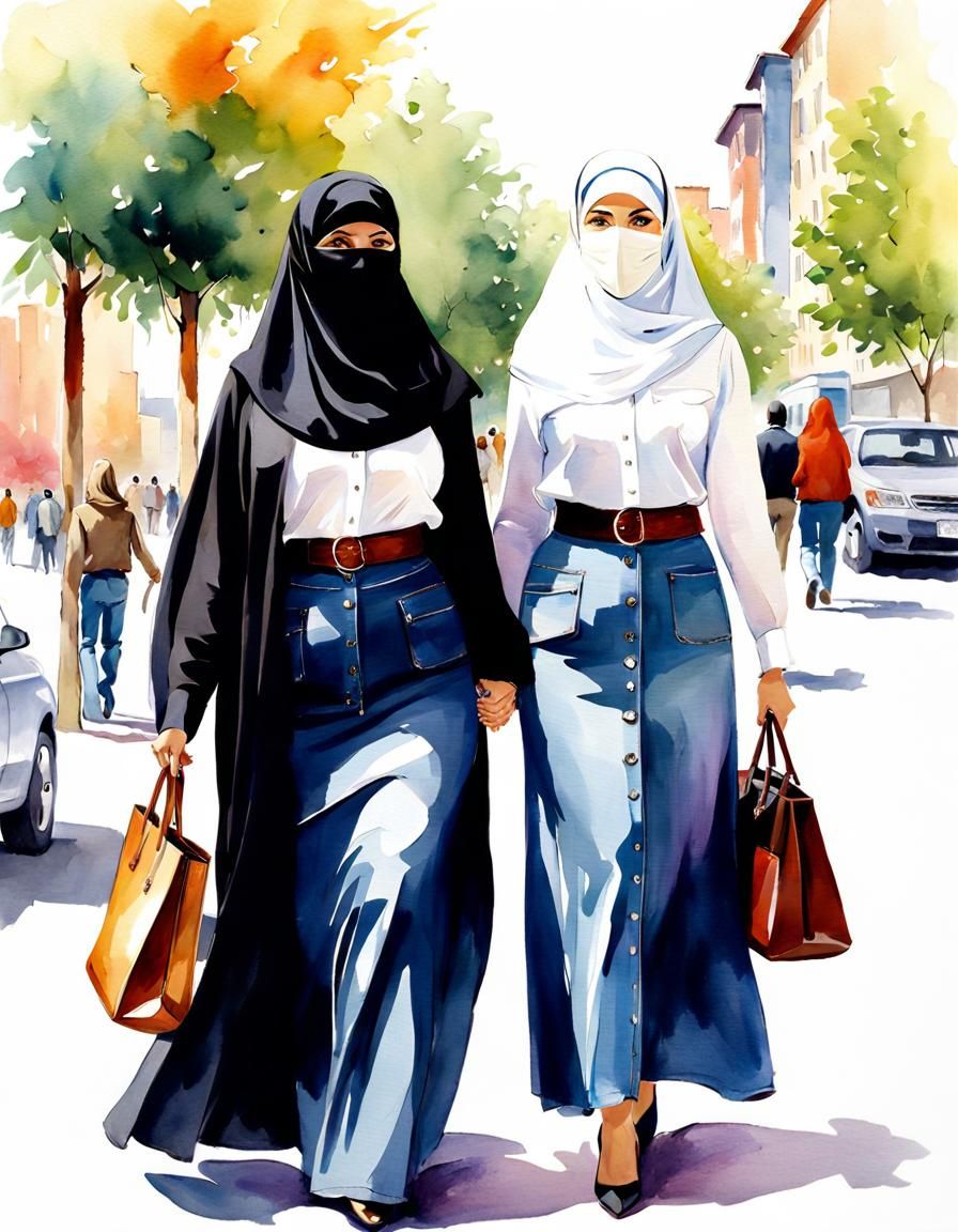Niqabi Teachers Strolling in a Vibrant City