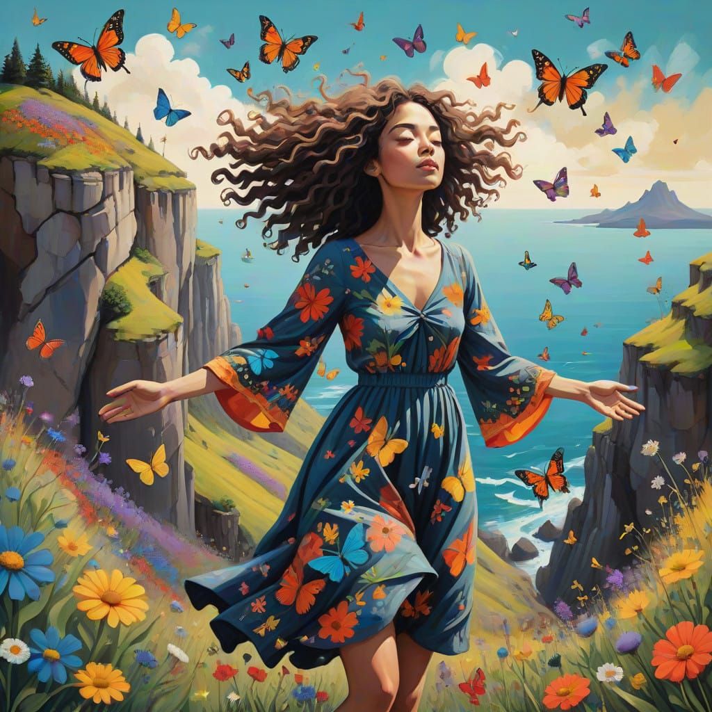 Woman Embracing Freedom in Whimsical Dreamlike Landscape