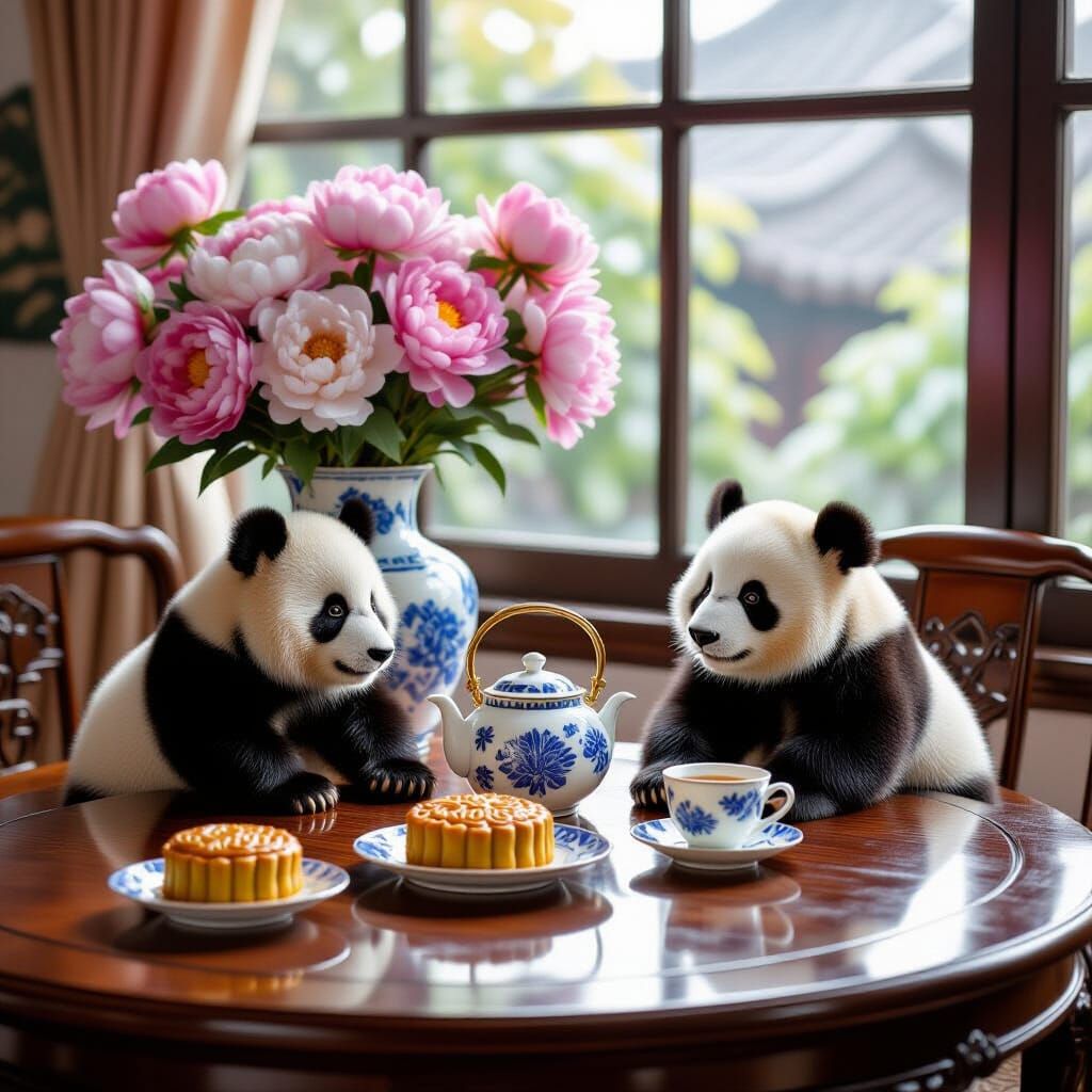 Pandas Enjoy Mooncake at Chinese Dining Table