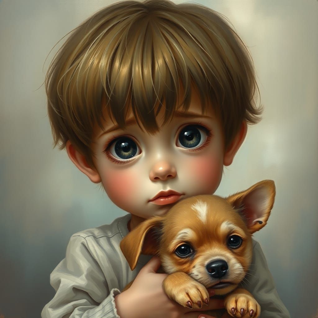 Sad Boy with Puppy, Ethereal Fantasy Painting