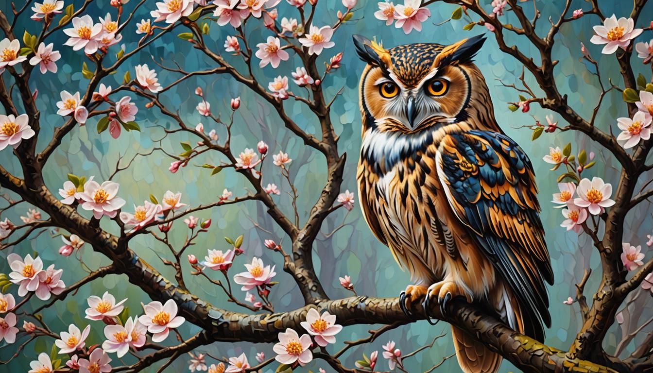 Owl in Blossoms: Hyperdetailed Neo-Impressionist Painting