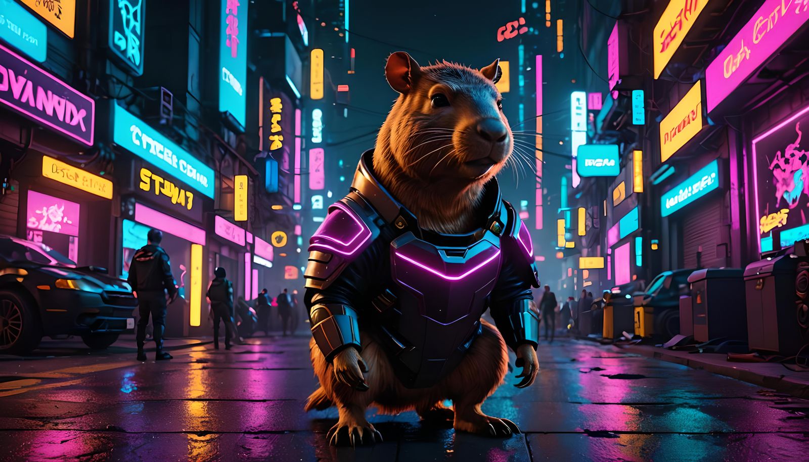 Cyberpunk Capybara Knight in Neon City