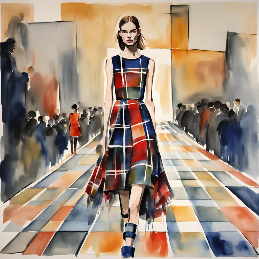 Model in Plaid Dress: Watercolor Abstract Art