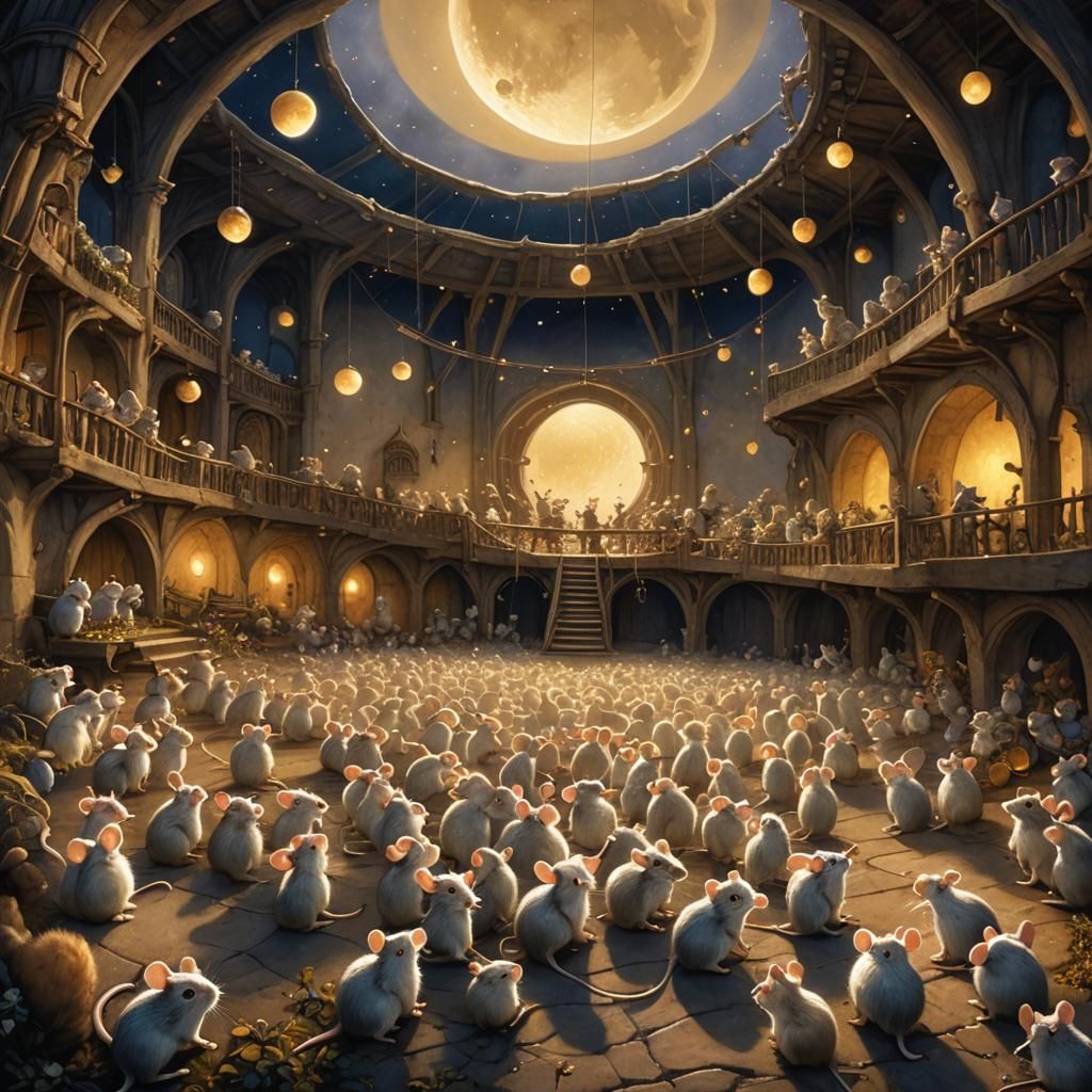 Moonlit Mice Musicians in a Fantasy Landscape