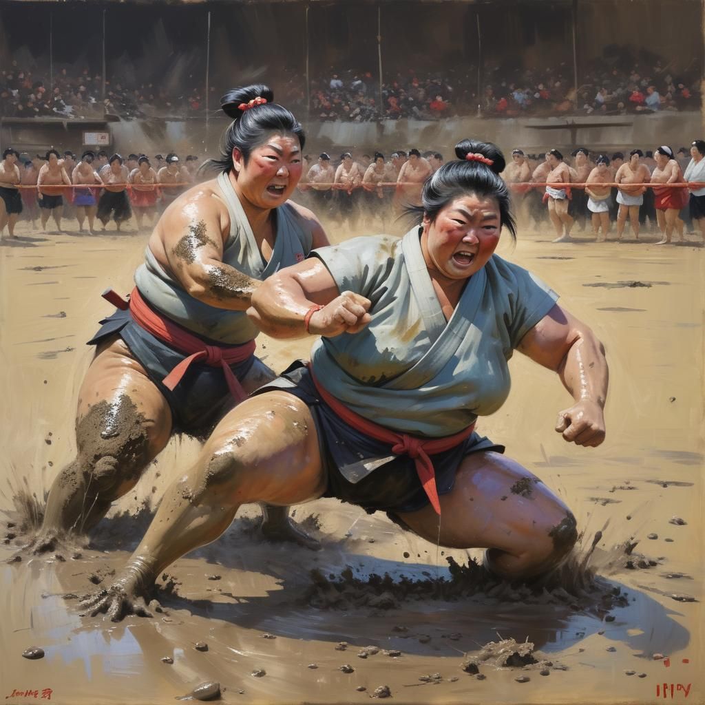 Women's Mud Sumo Fight in Oil Painting Style