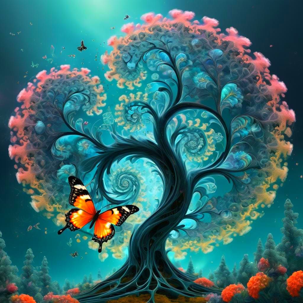 Fractal Landscape with Ethereal Butterfly