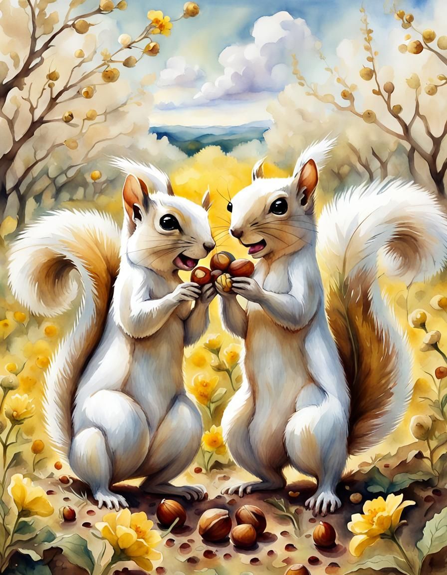 Squirrels Play in Flower Field: Anime Watercolor