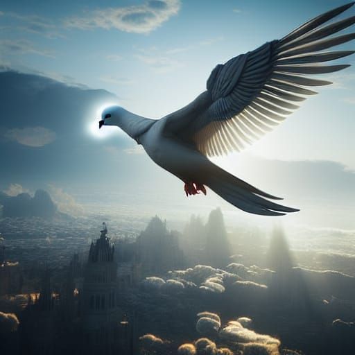 Man Flies with Dove Wings in Golden Sunlight