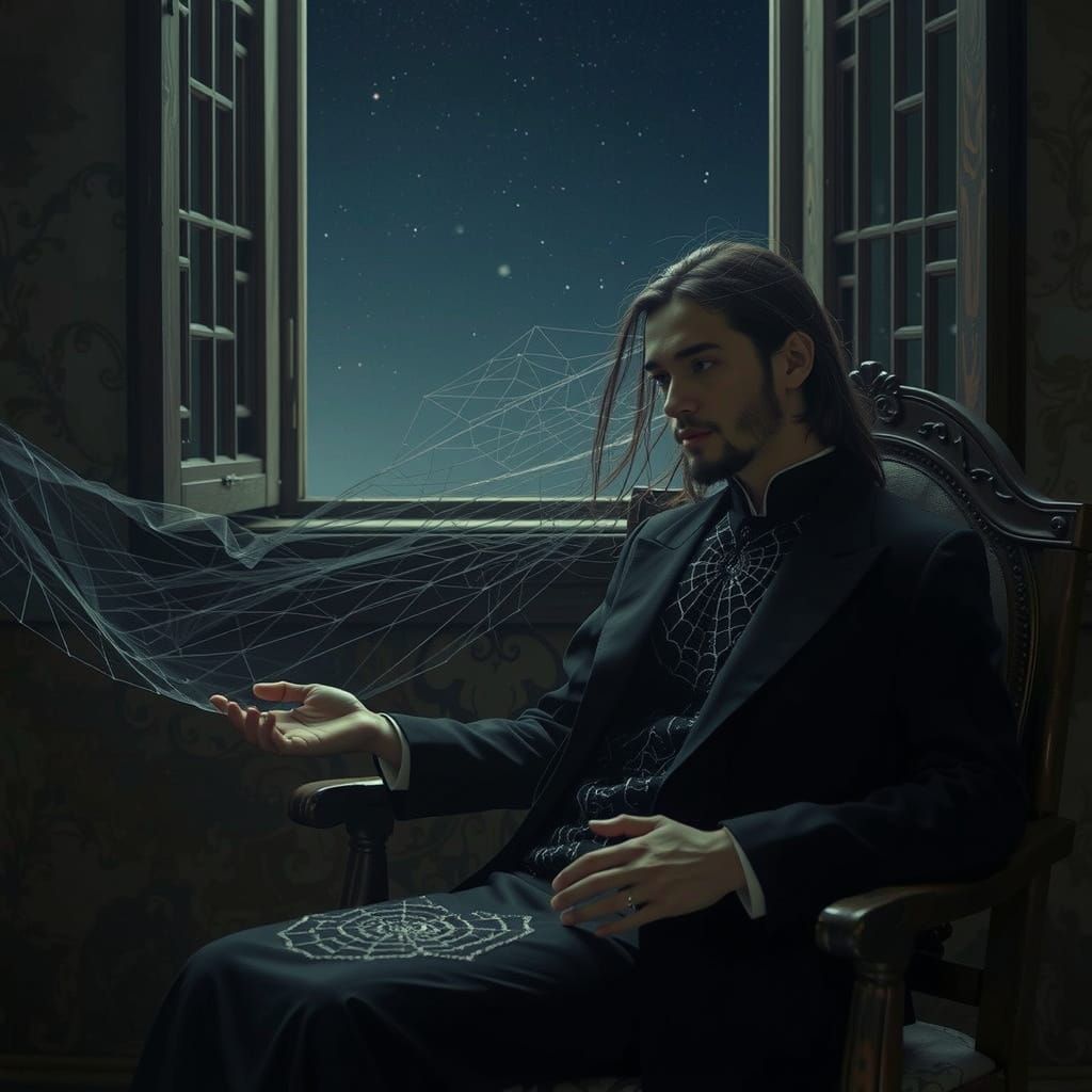 Pensive Man in Embroidered Suit with Spiderwebs