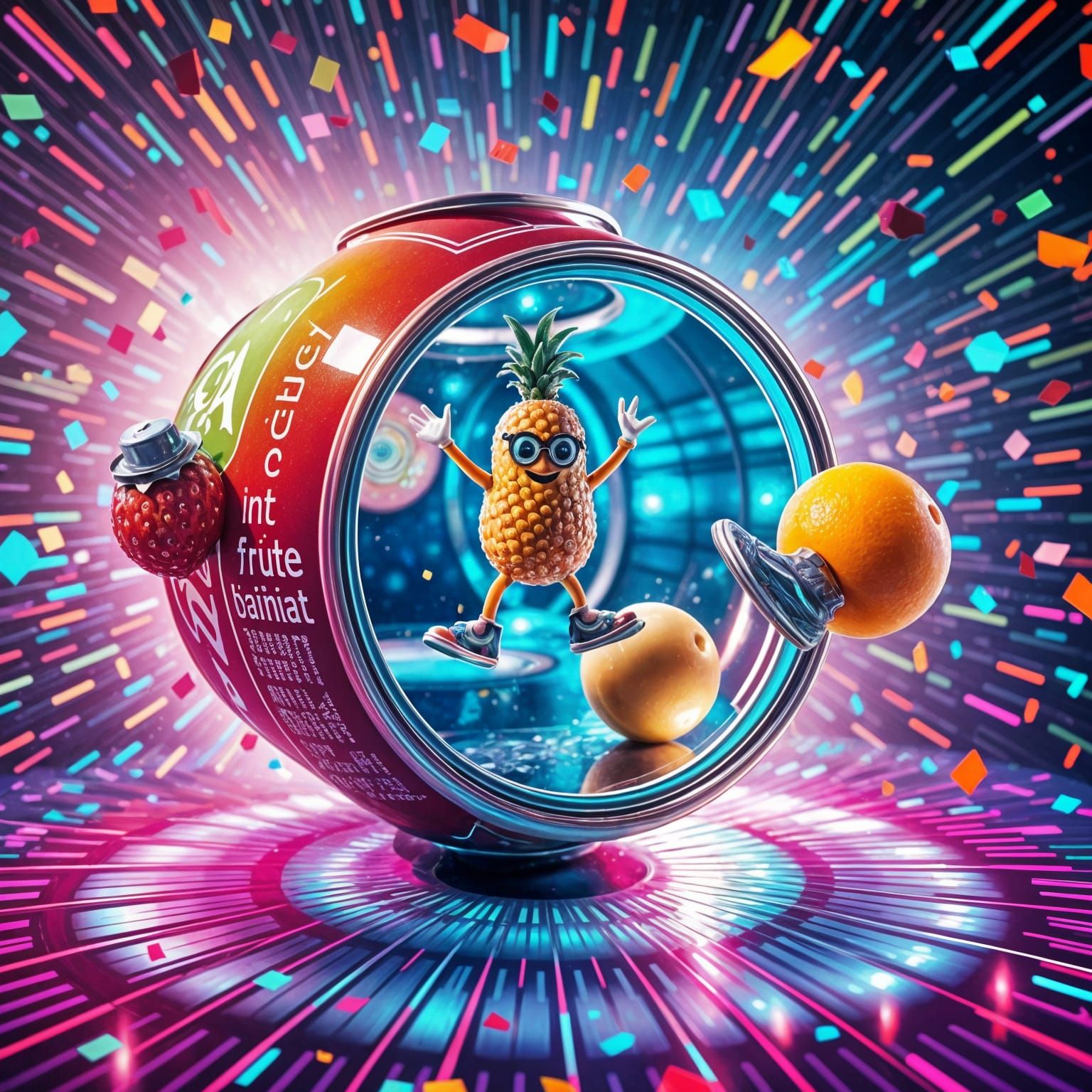 Imagine a vibrant scene called "Fruit Fusion Fiesta," where ...