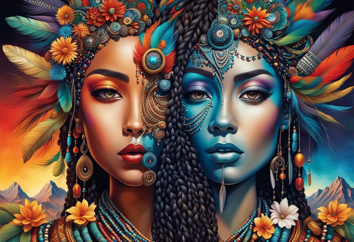 Woman with Intricate Tribal Headgear Digital Painting