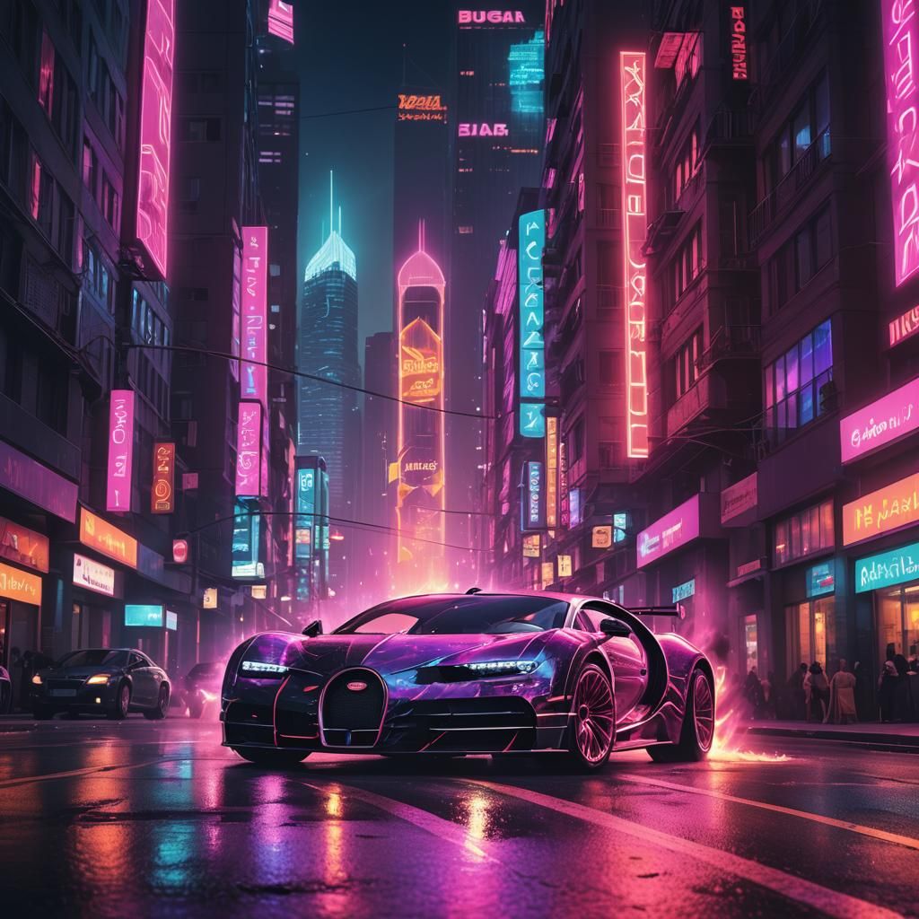 Bugatti in Neon Retro Synthwave Cityscape