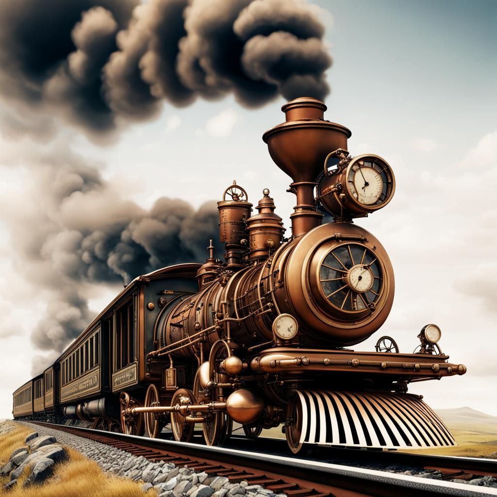 Steampunk Train Journey Through Green Hills