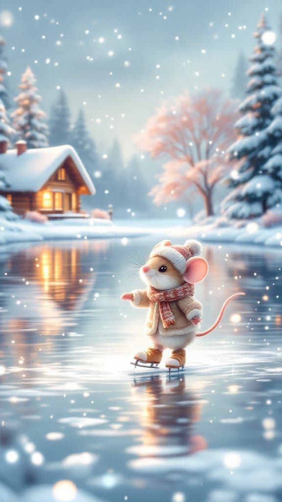 Adorable Mouse Skates on Frozen Lake in Winter Wonderland
