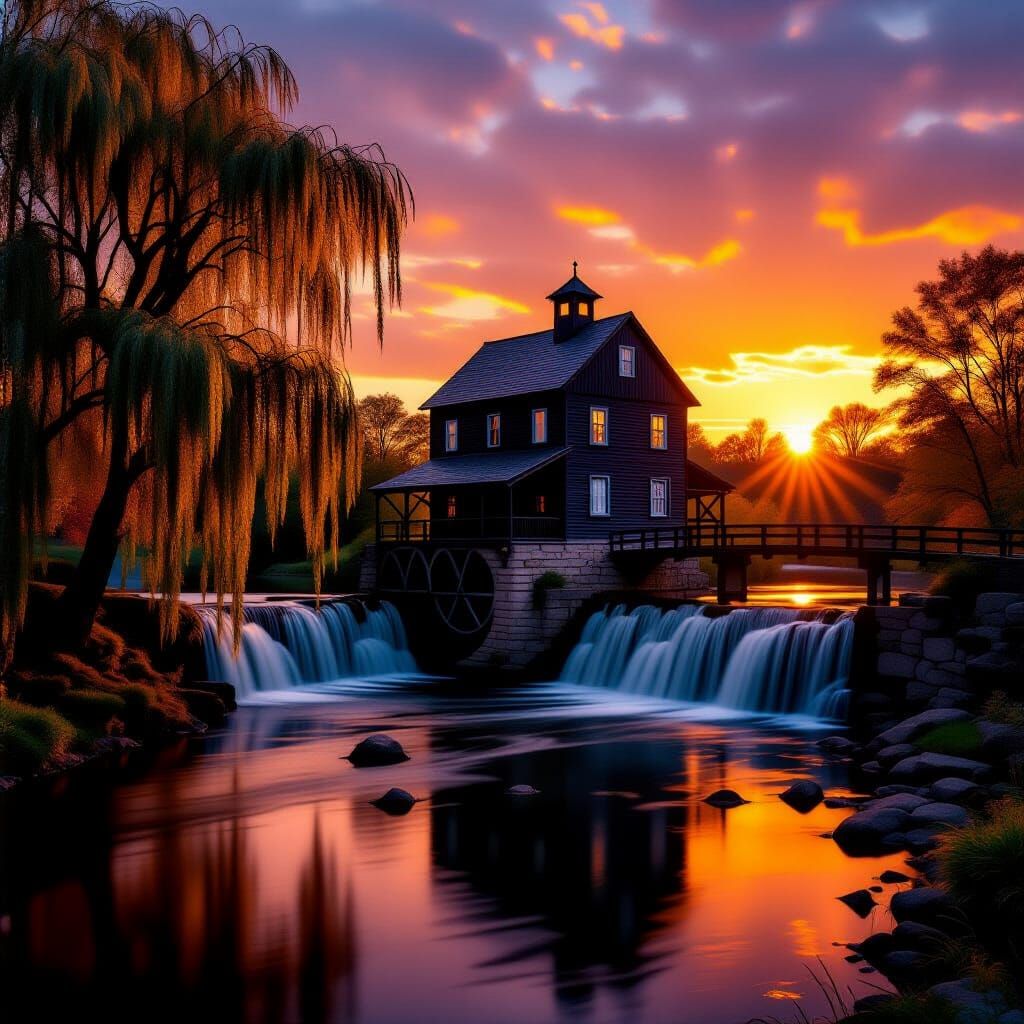 Autumn Mill House by River with Waterfall at Sunset