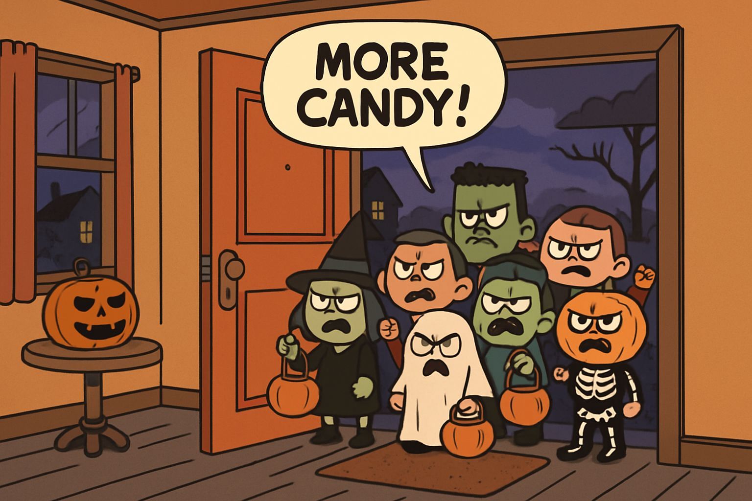 Cartoon Mob of Kids Demands Candy on Porch