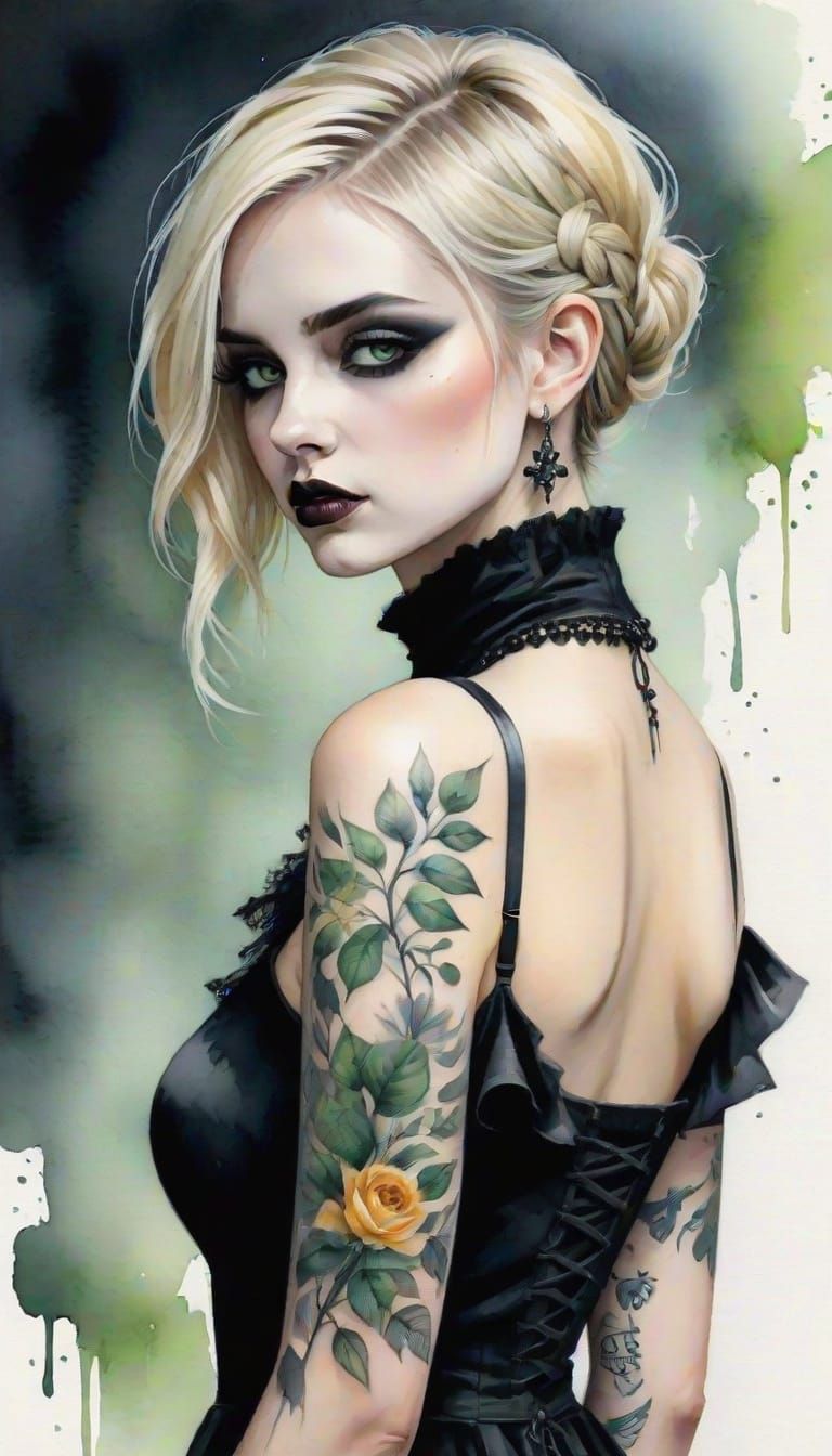Gothic Watercolor Portrait of a Captivating Young Woman