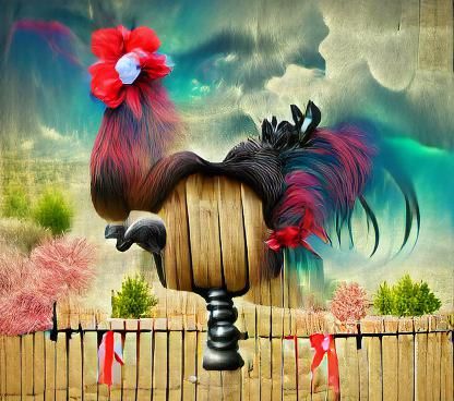 Surreal Rooster in Tutu Dances on Fence