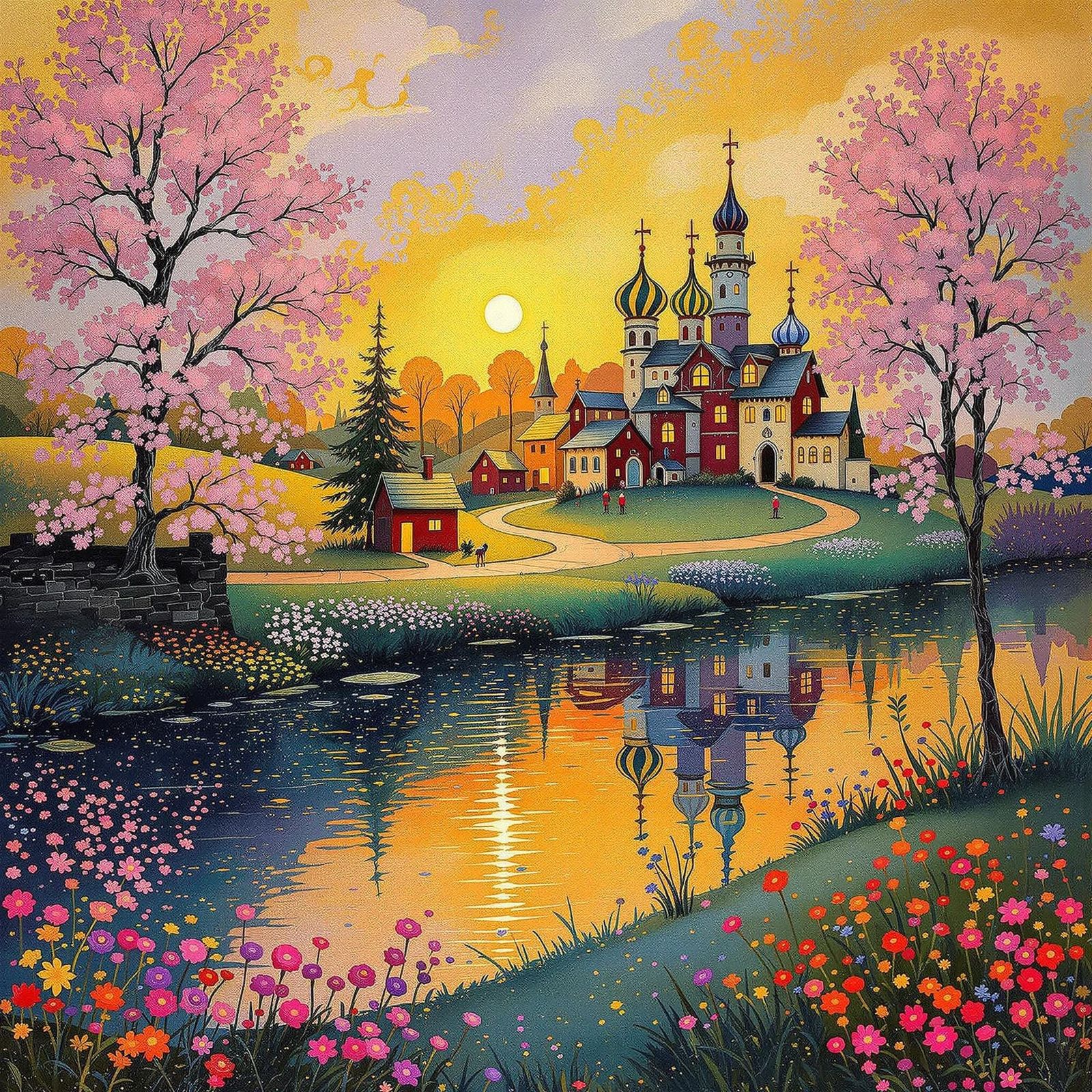 Whimsical Russian Village on Enchanted Riverbanks