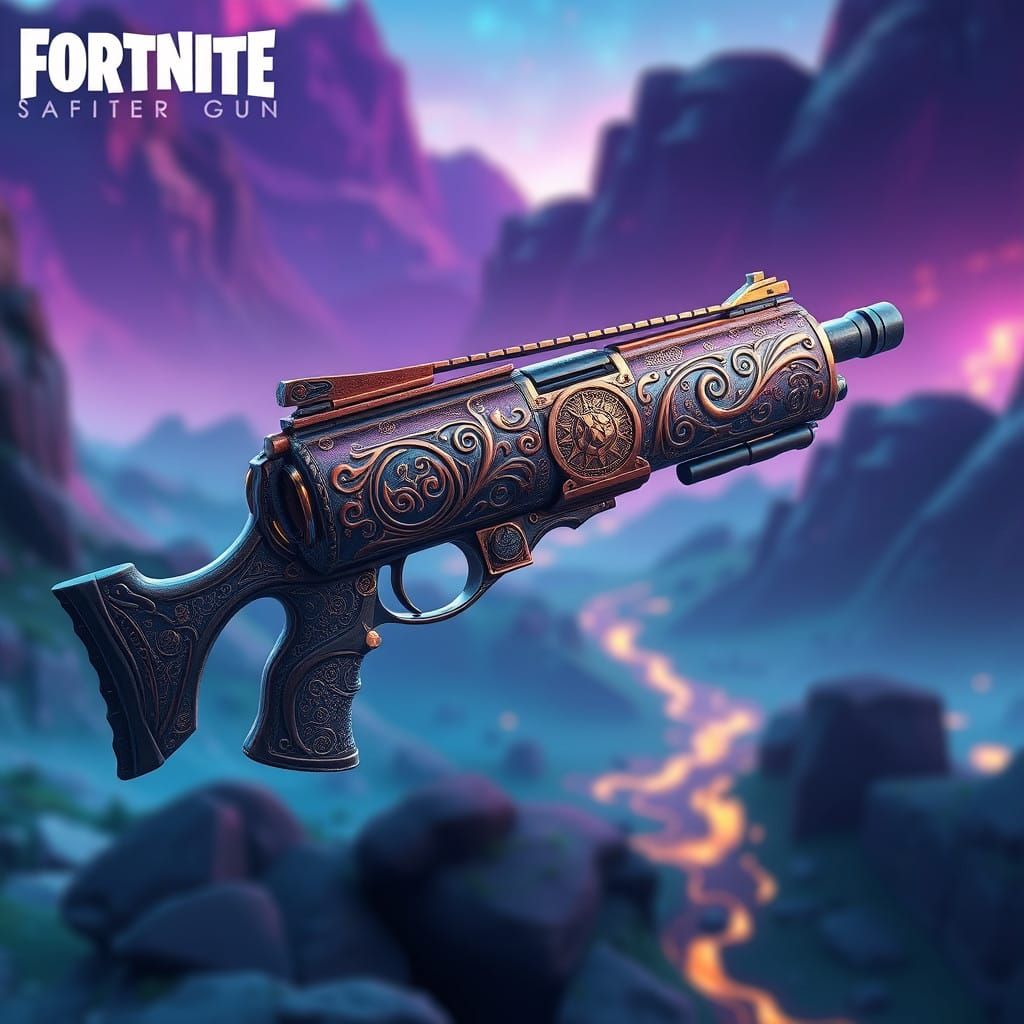 Surreal Fortnite Mythic Gun in a Fantastical Landscape