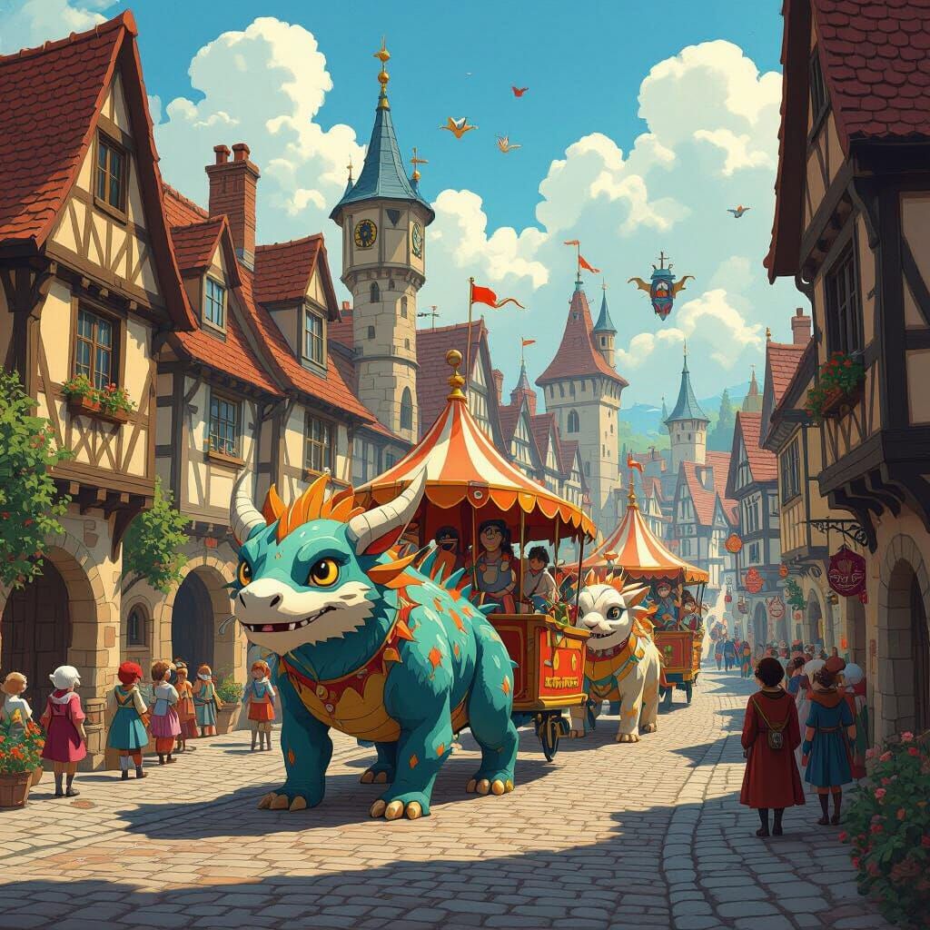 Mystical Circus Parade Through Medieval Town in Fantasy Styl...