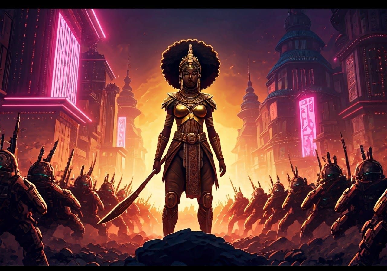 African Warrior Resists Western Army in Cyberpunk Cityscape