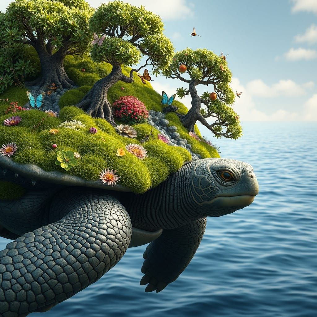 Surreal Garden Oasis Thrives on Ancient Turtle Shell