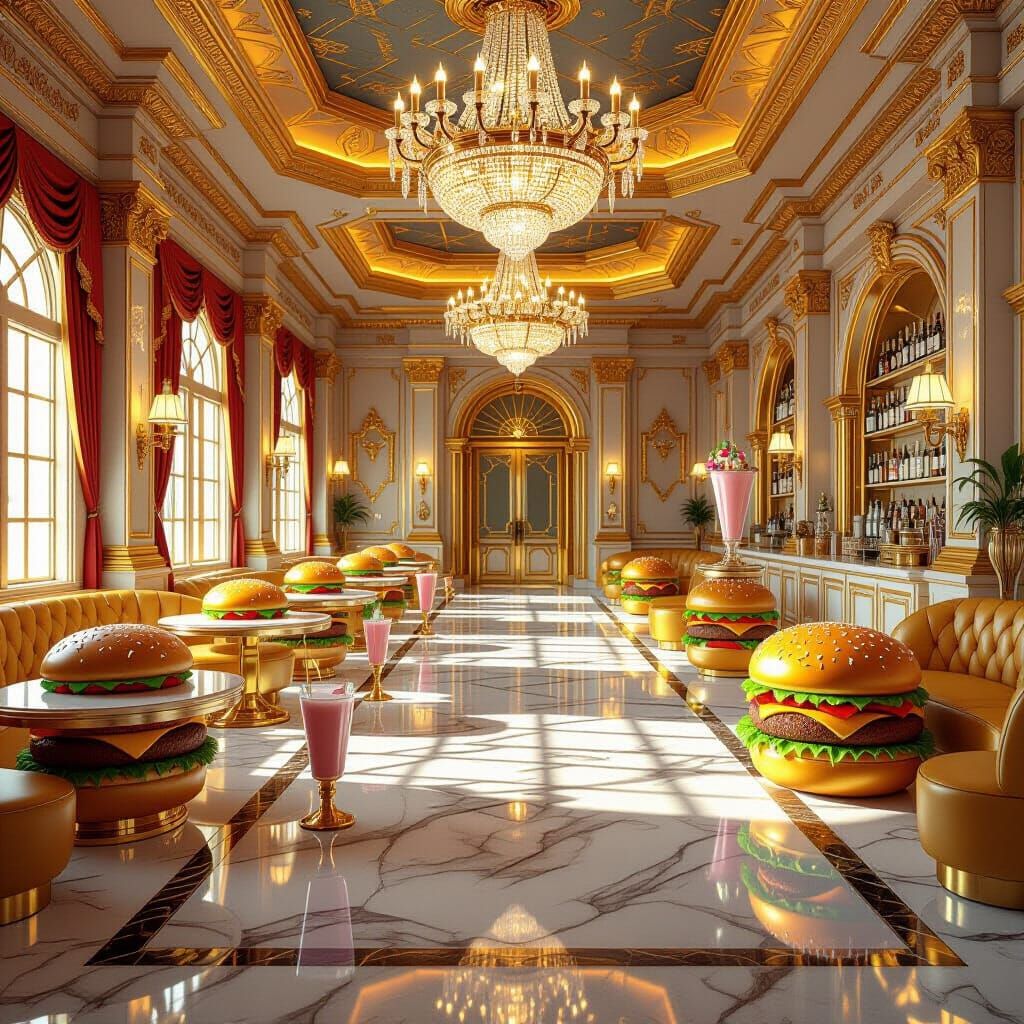 Golden Burger Throne Room in Hyper-Realistic 8K