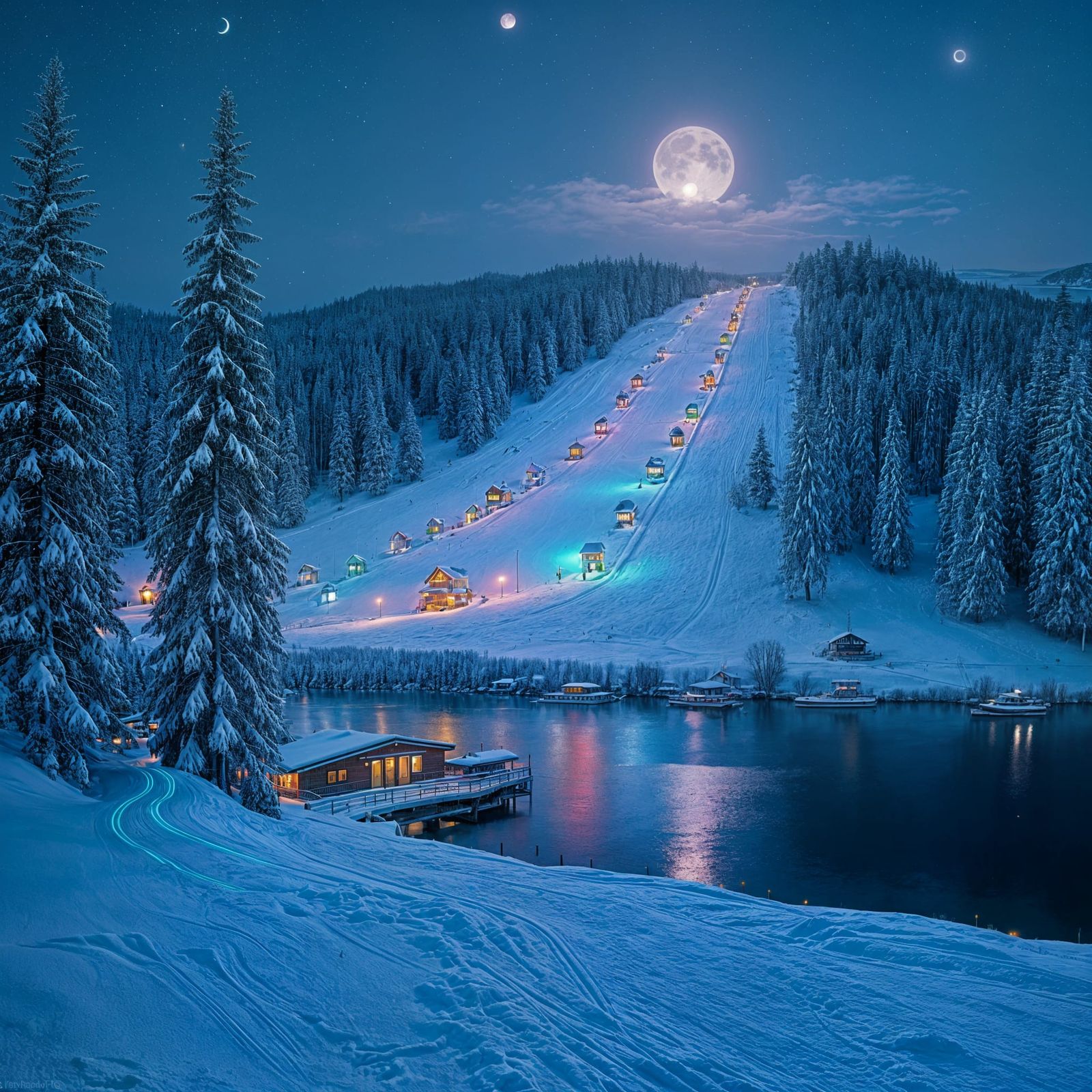 Fluorescent Lights Illuminate Night Ski Hill