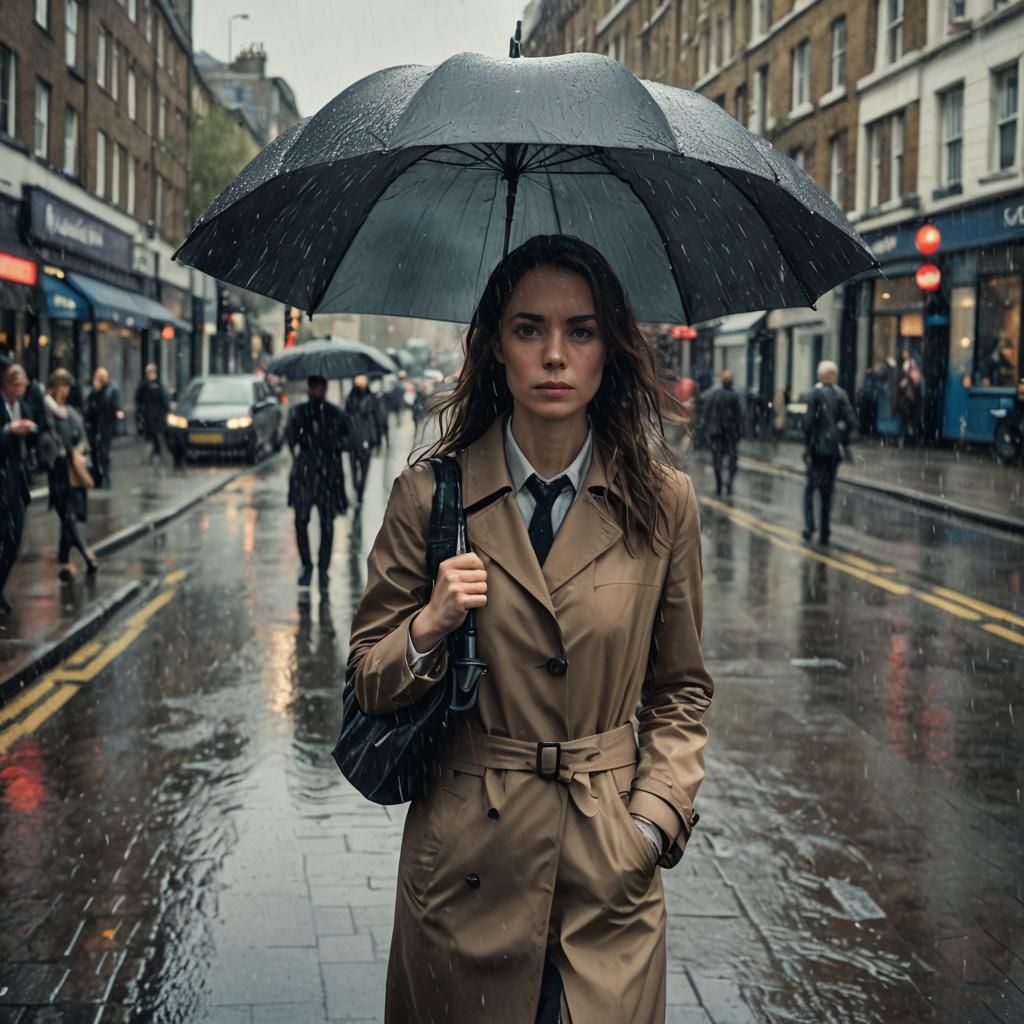 Woman in Suit in Rainy London Street