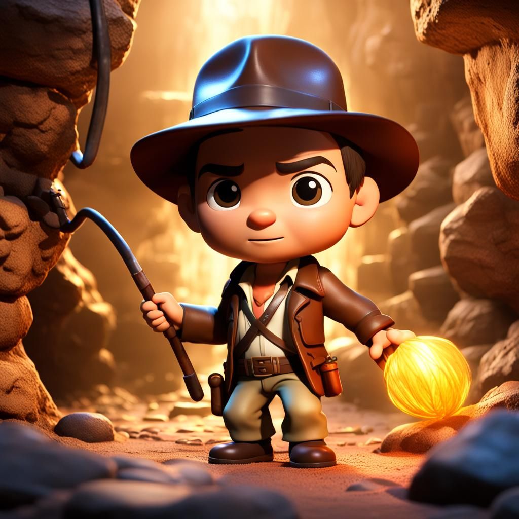 Chibi Indiana Jones in Grotto: 3D Digital Art