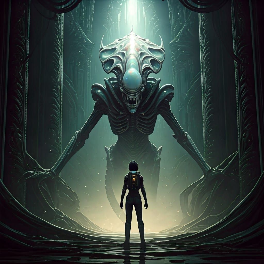 Xenomorph Queen Confronts Ripley in Alien Temple