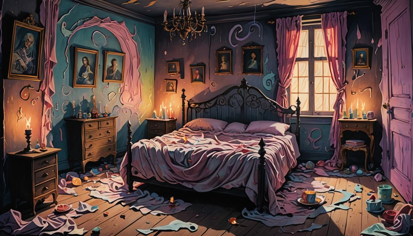 Surreal Haunted Bedroom with Ghostly Figures