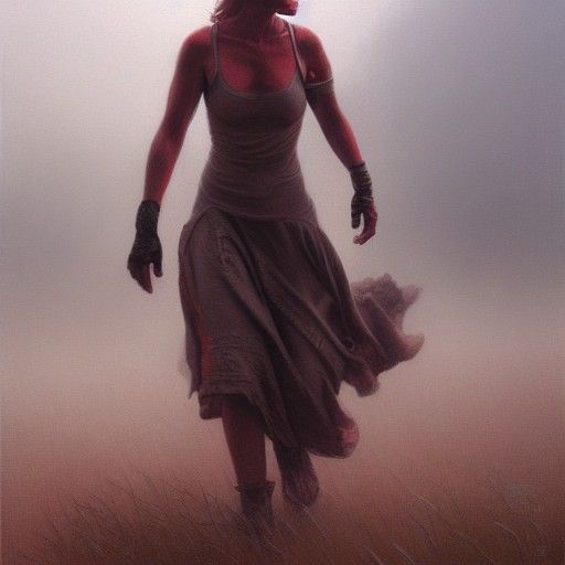 Woman Battles Monster in Fog, Oil Painting Style