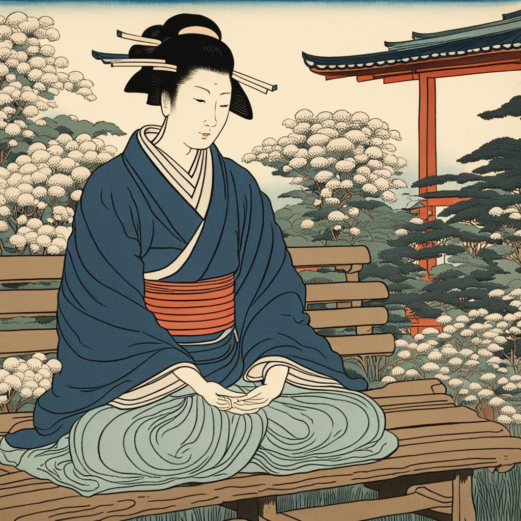A closeup of a meditating woman on a bench in a garden Ukiyo-e
