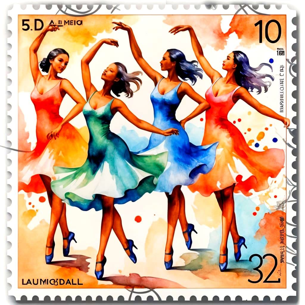 Dancing Girls on Vintage Postage Stamps