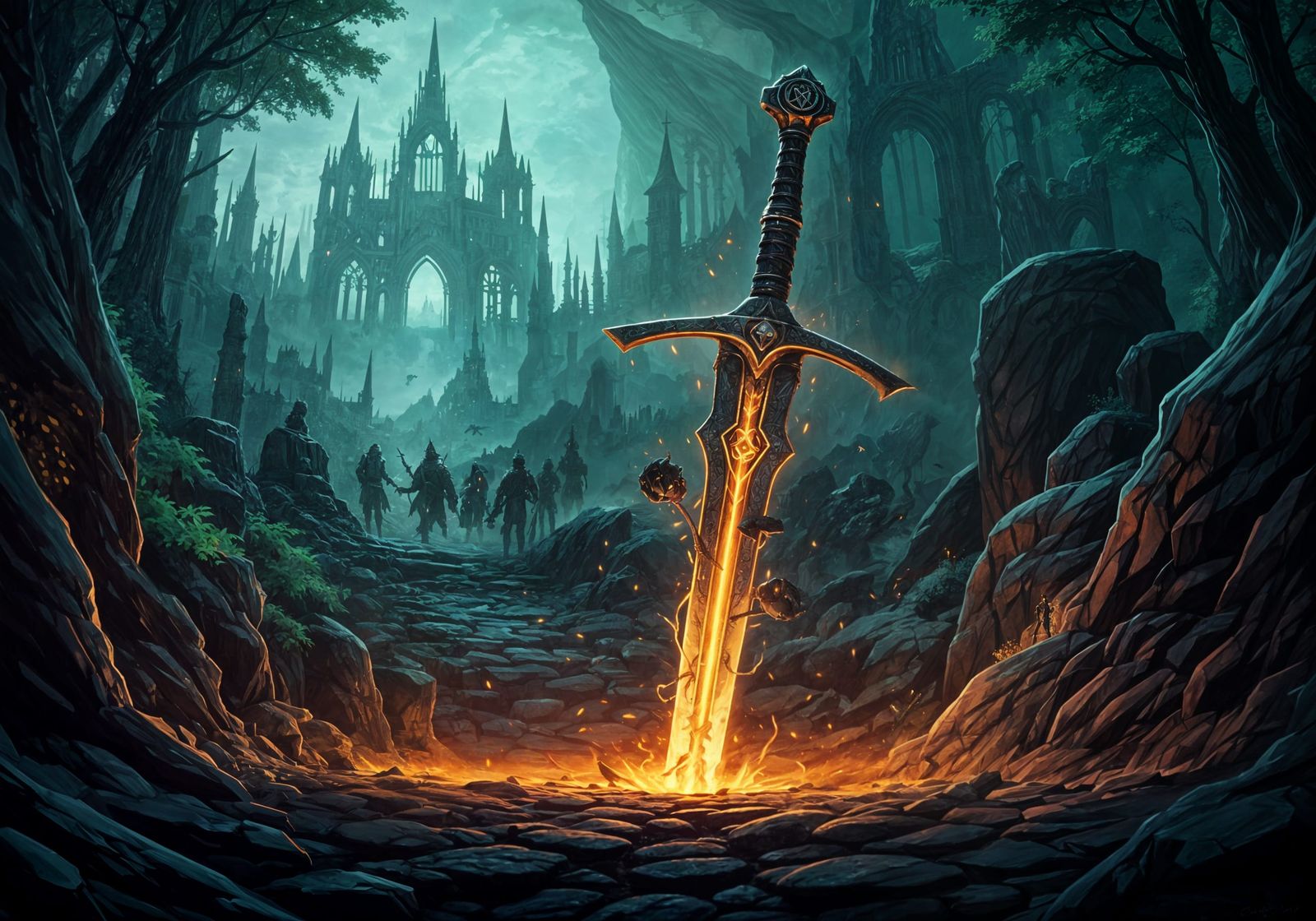 Inferno Sword with Rose in Fantasy Landscape