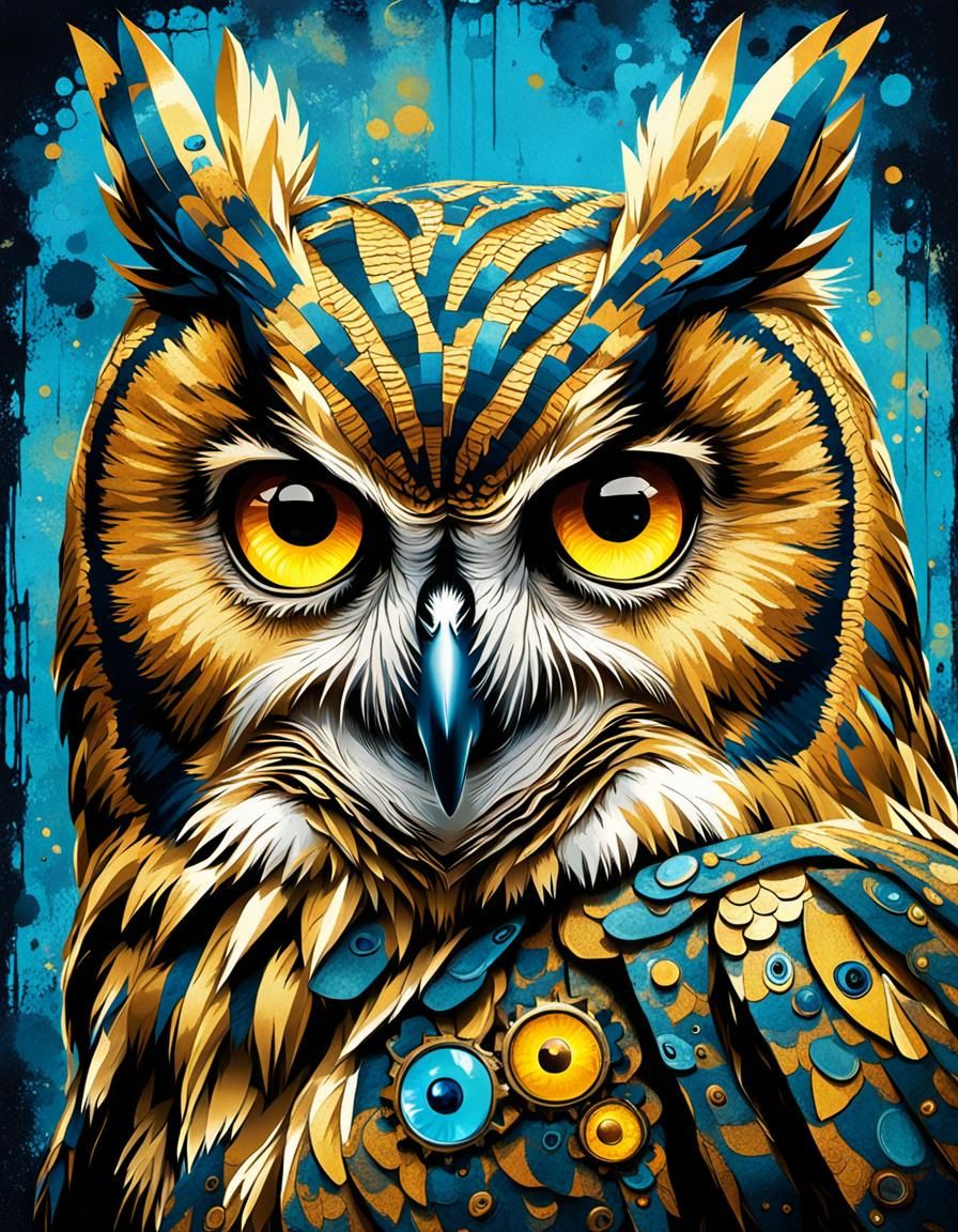 Cyberpunk Owl with Golden Eyes: A Digital Masterpiece