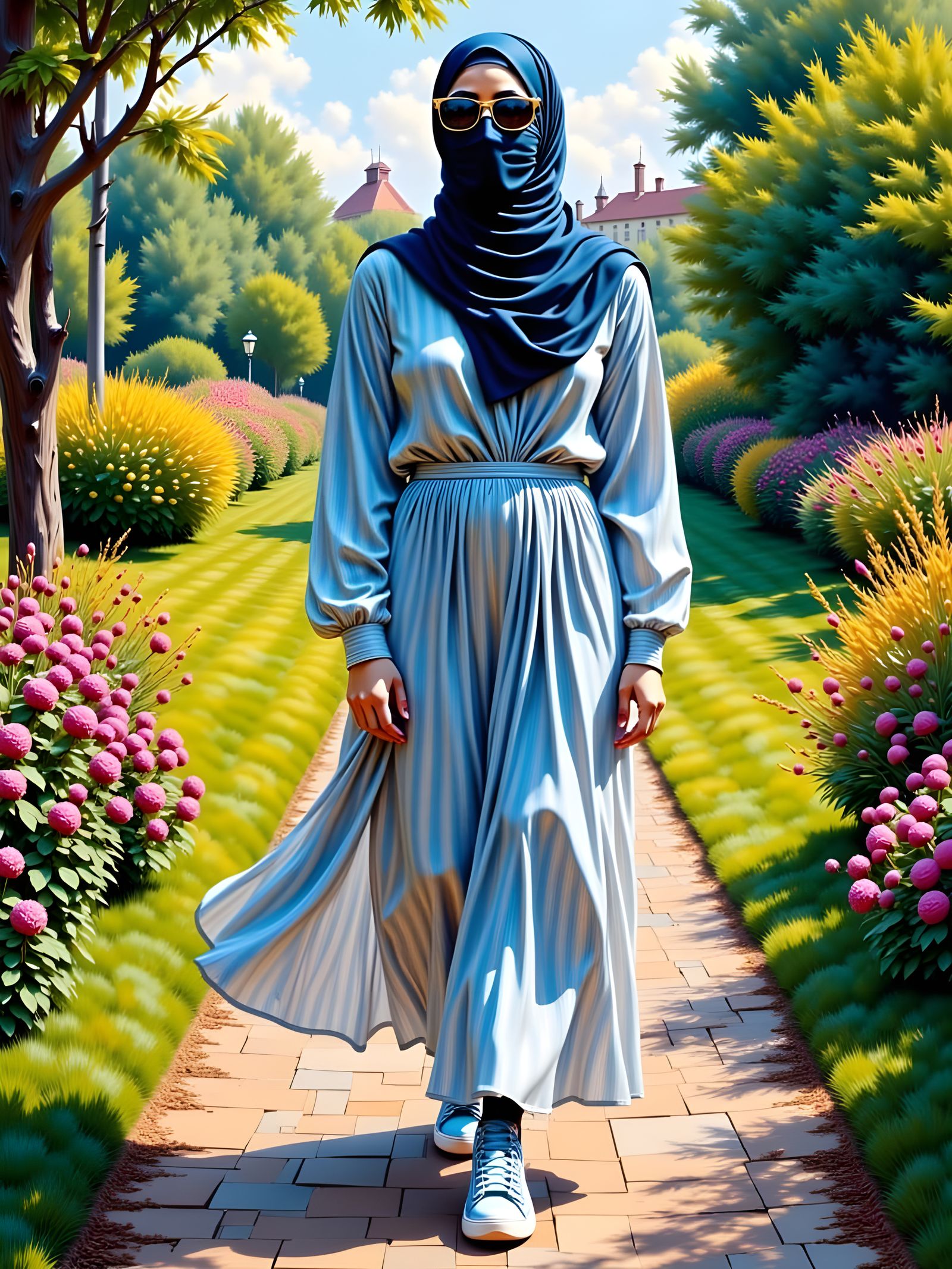 Hijabi Woman in Ornate Oil Painting Landscape