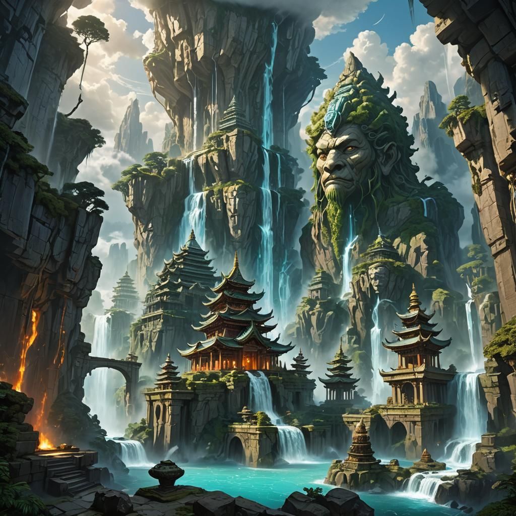 Colossal Mountain Temple Guarded by Elemental Titans