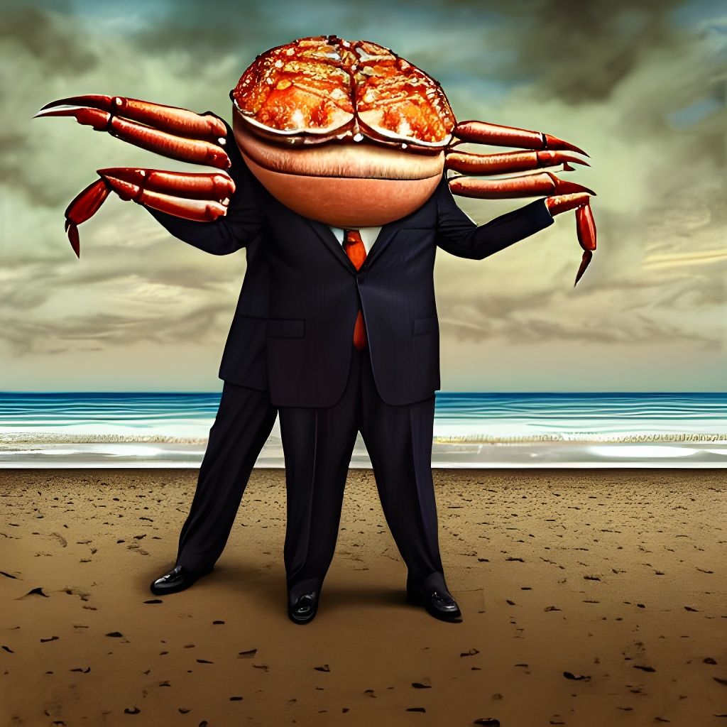 Sad Crab-Man on Beach: Photoillustration